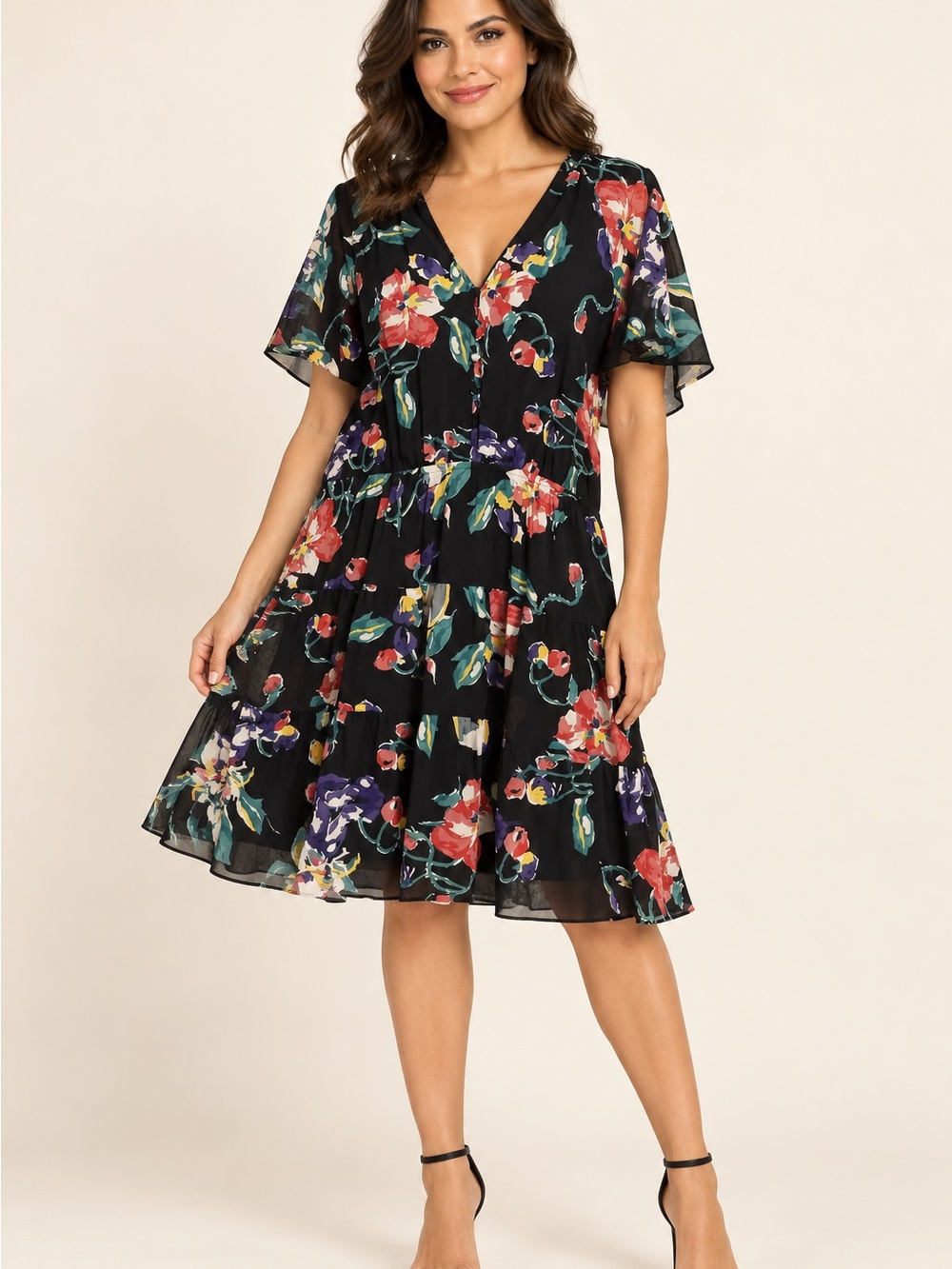 Lauren Ralph Lauren Flutter Sleeved Black Floral V-Neck Tiered Dress SZ 8